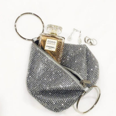 ELLIE Crystal Mesh Ring Handle Bag Silver With Jewelry & Perfume Open View - Olga Berg