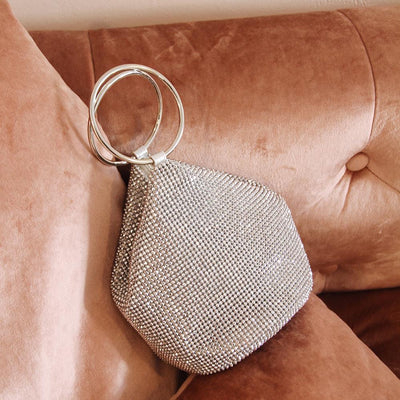 ELLIE Crystal Mesh Ring Handle Bag Silver in Sofa Front View - Olga Berg